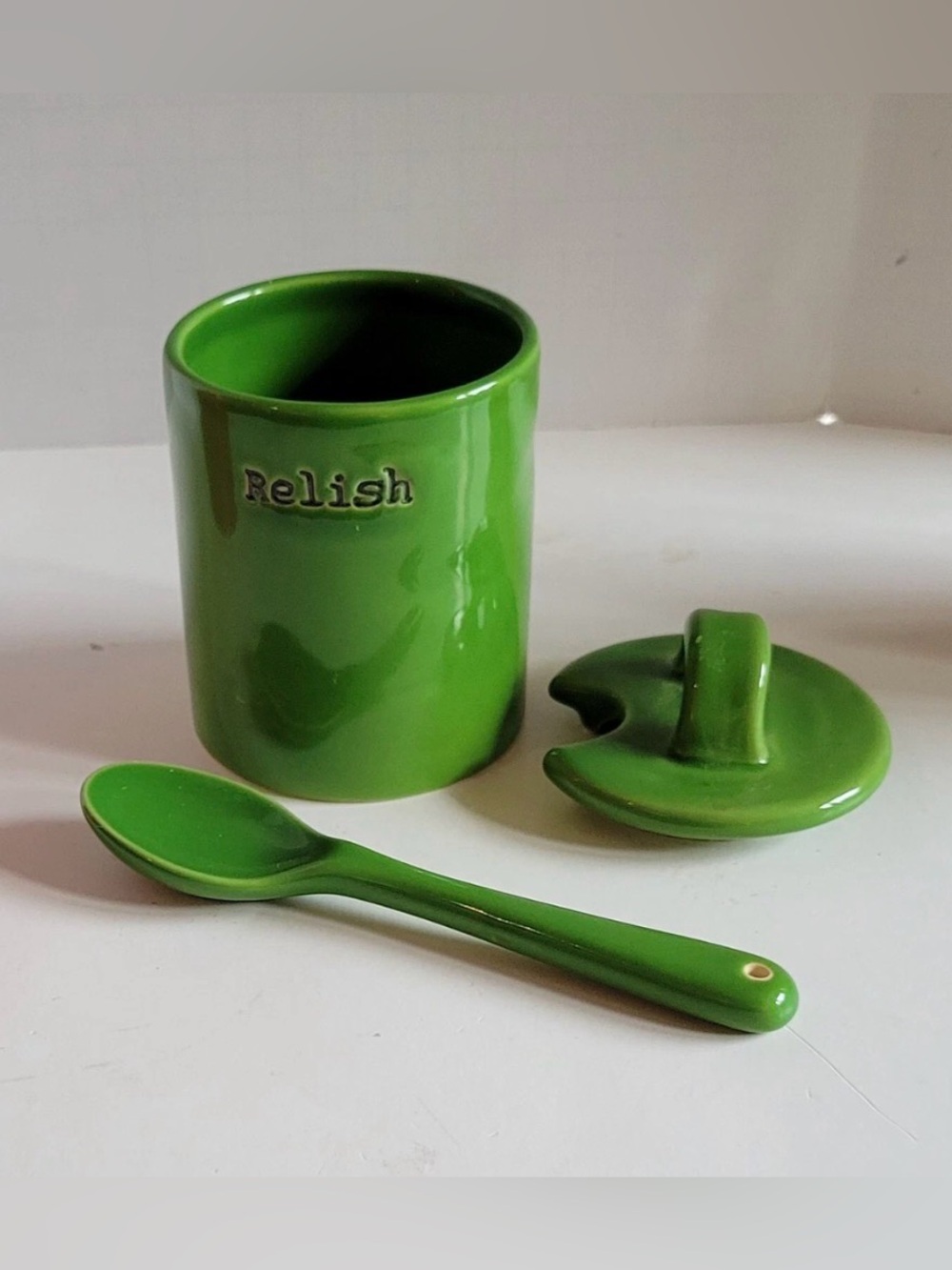 Pottery Barm relish pickle condiment Jar with Lid and Spoon bbq kitchen decor